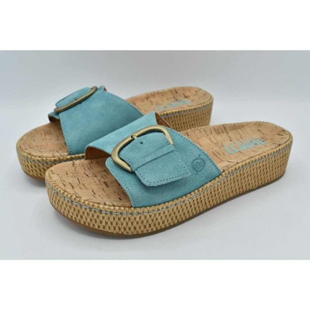 Born Womens Size 11 Sloane Turquoise Distressed Slip On Platform Slides Sandals